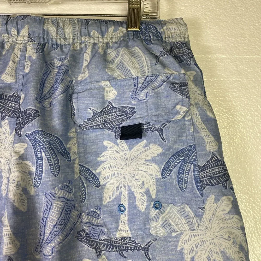 Vineyard Vines Swim Trunks Mens Size M Blue White lined Logo draw string elastic